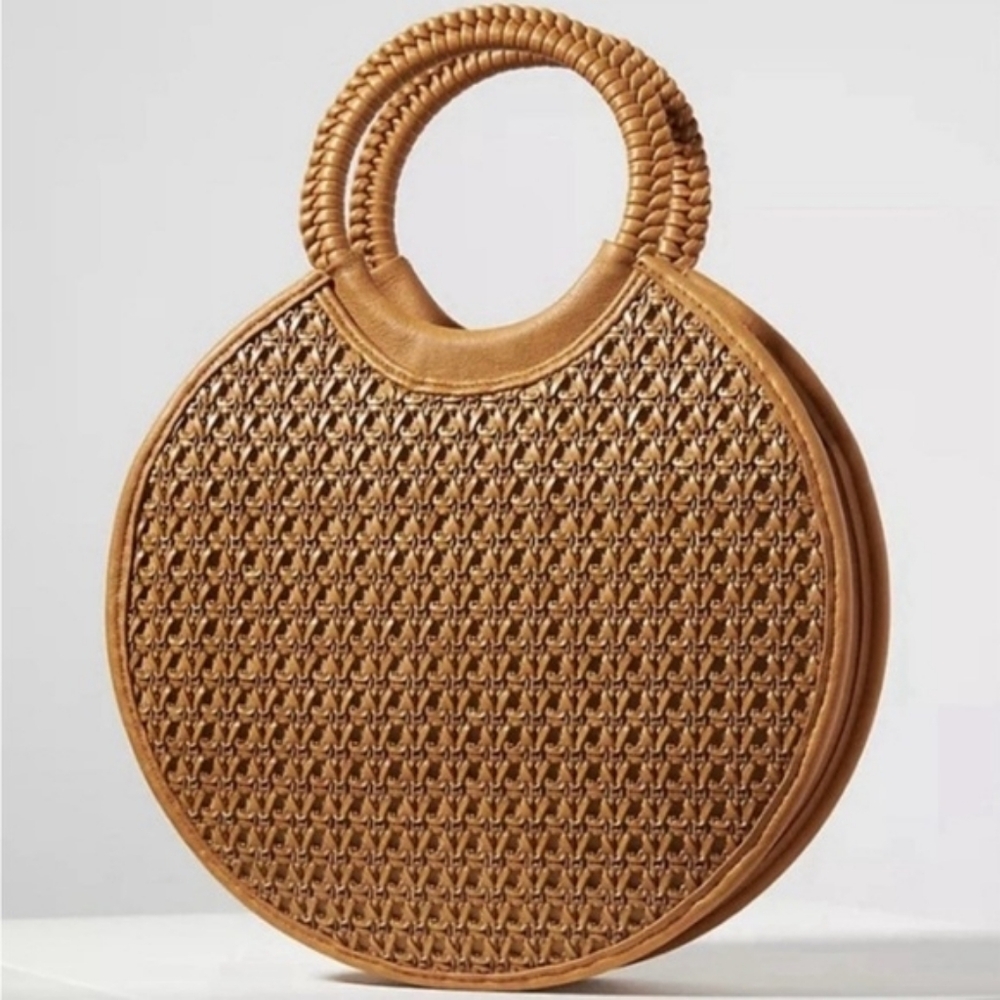 Anthropologie Circular Woven Crossbody Bag in Tan